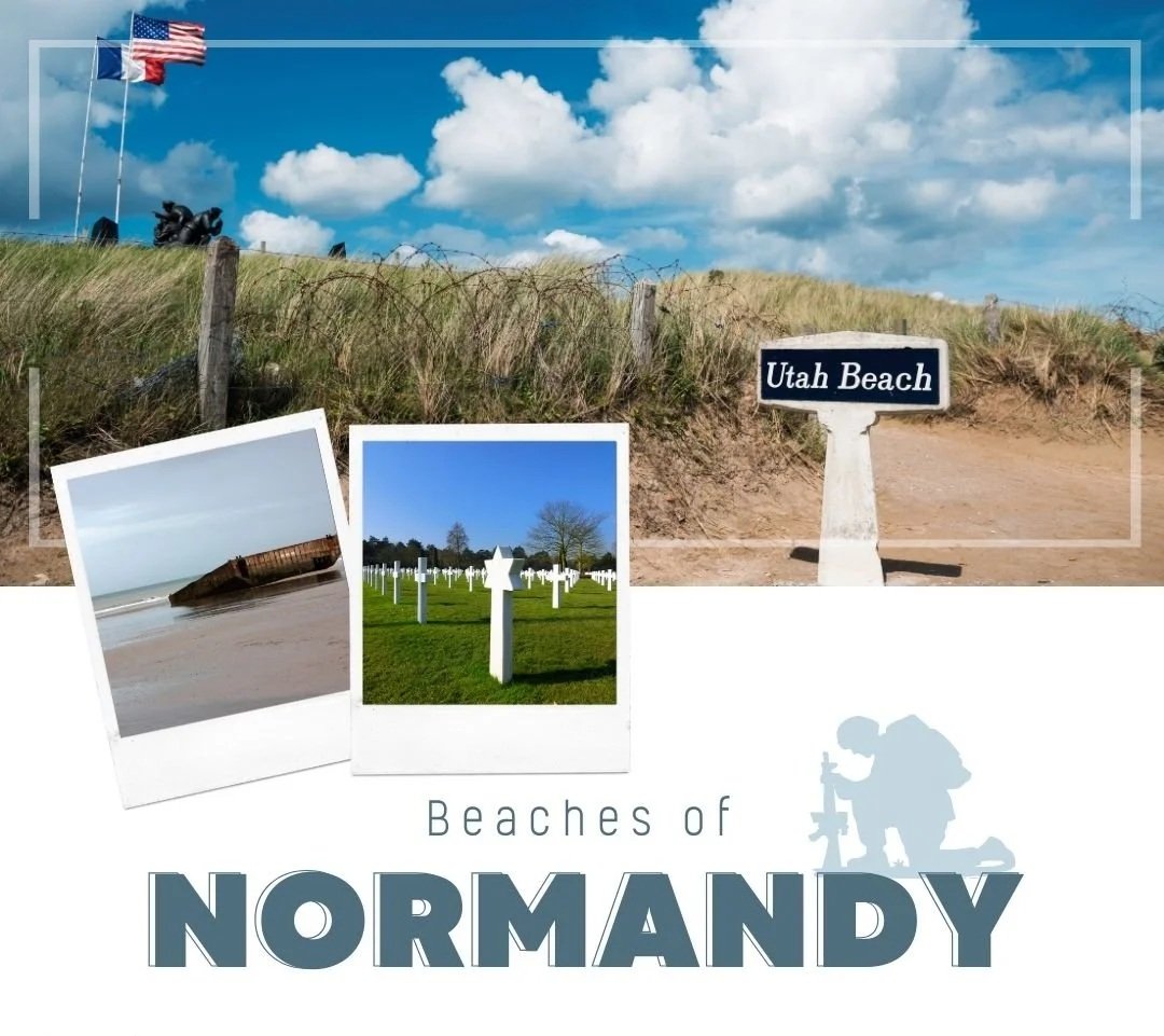 Photo collage of Utah Beach with a blue sky and white clouds. Images of the beach, a memorial graveyard, and a sand sculpture. Includes a sign saying 'Utah Beach,' a soldier silhouette, and a flag in the background.