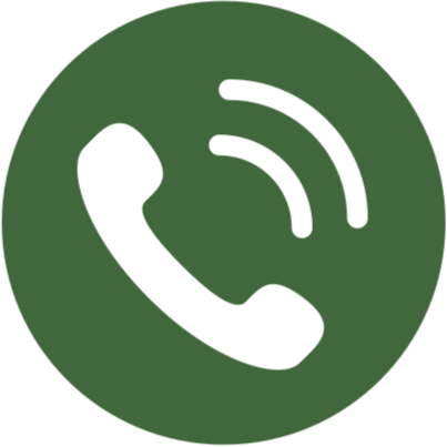 Icon of a telephone receiver with signal lines, on a dark green circular background.