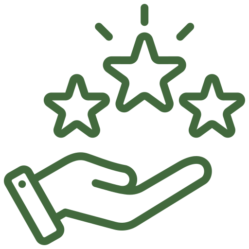 Outline of a hand holding three stars with lines radiating from the stars.