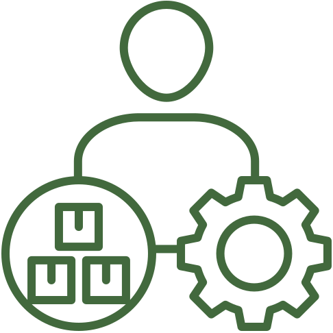 A digital illustration of a person icon with a gear and a box with boxes around it, representing settings or management.