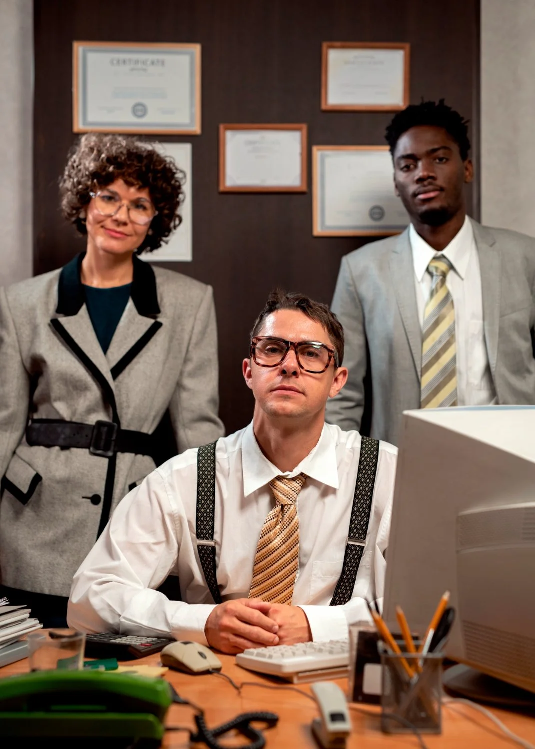 Three professionals in an office, with framed certificates on the wall behind them. The man seated in front wears glasses, a white shirt, and suspenders, and faces the camera. The woman and man stand behind him, both wearing suits and looking at the camera.