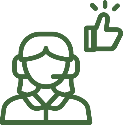 Outline of a woman wearing a headset with a thumbs-up icon above her.