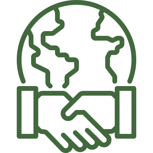 Outline of a globe with a handshake at the bottom