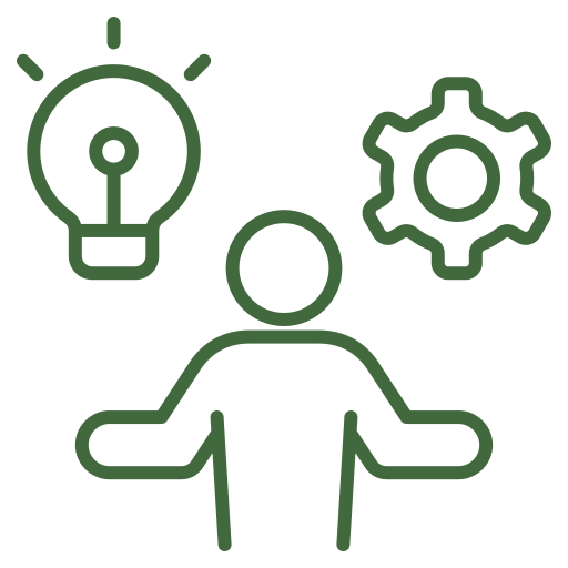 Outline drawing of a person with a light bulb and gear above their head, symbolizing ideas and problem-solving
