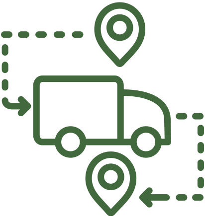 Outline map with a delivery truck and two location pins connected by dotted lines.
