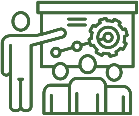 Illustration of a person pointing at a presentation with interconnected nodes and a gear symbol, representing a technical or business presentation.