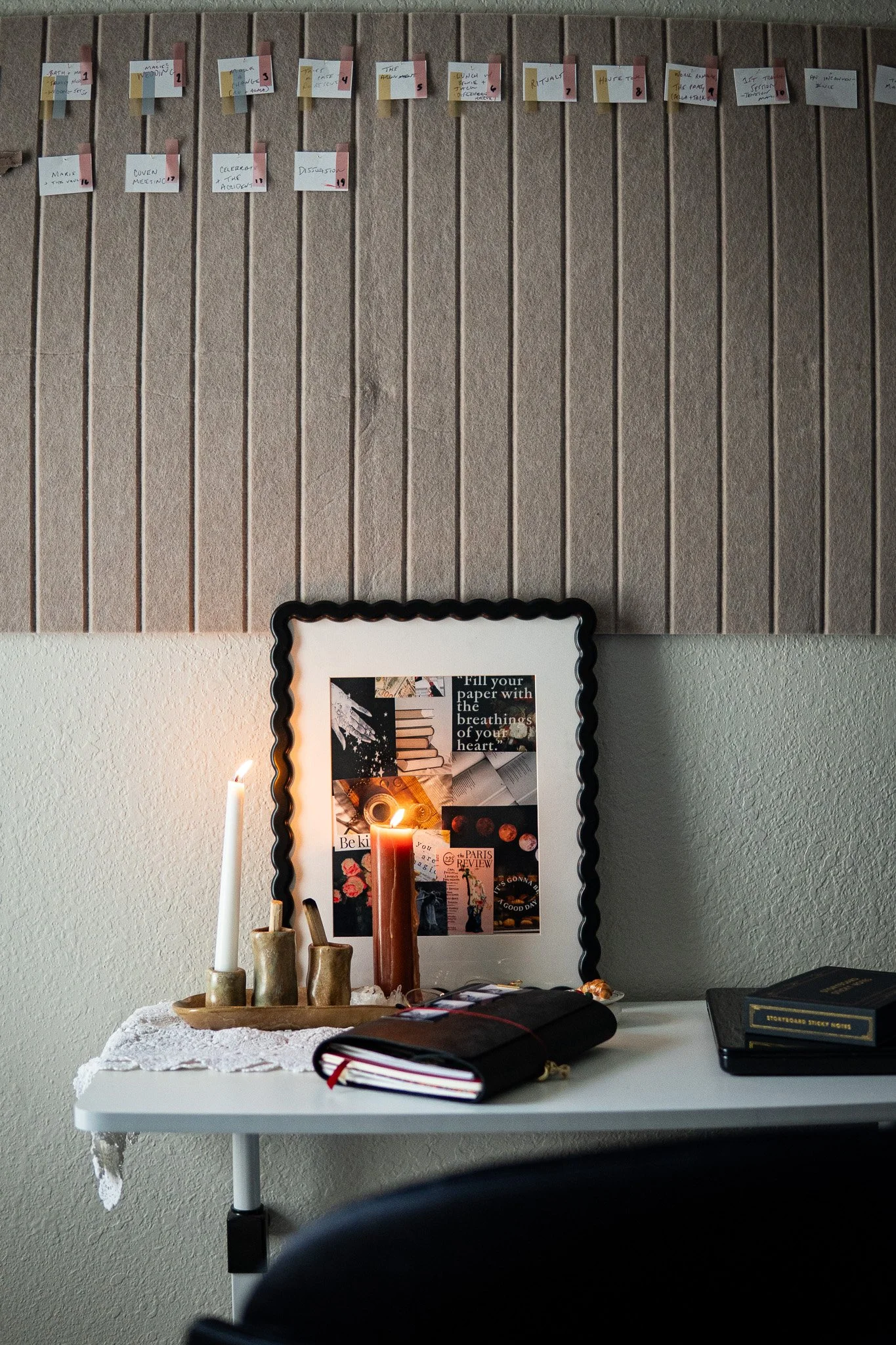 An image of a writing workspace with novel outline posted to wall and space for ritual.