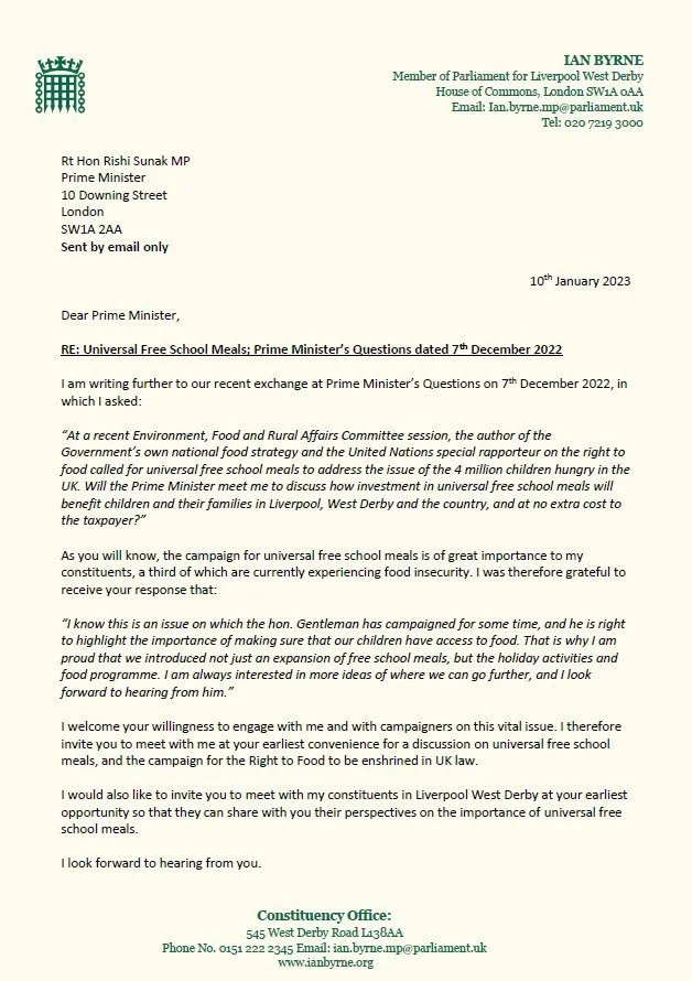 Letter sent to PM regarding universal free school meals