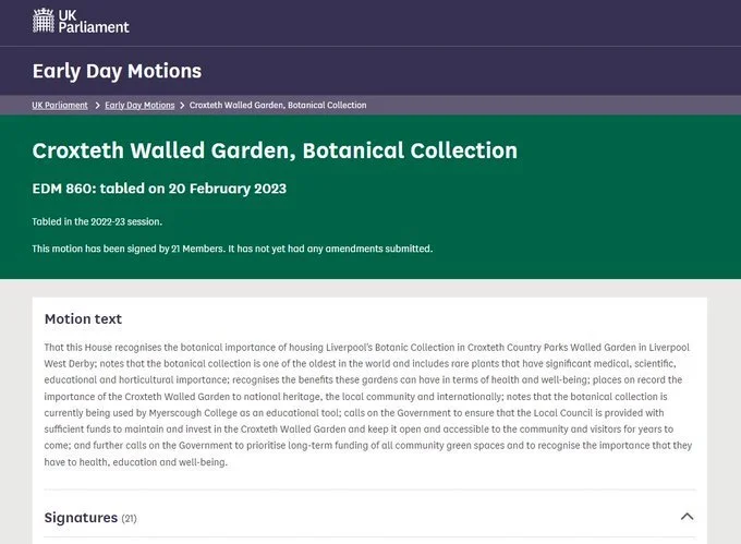 My Parliamentary Motion on Croxteth Walled Garden, Botanical Collection