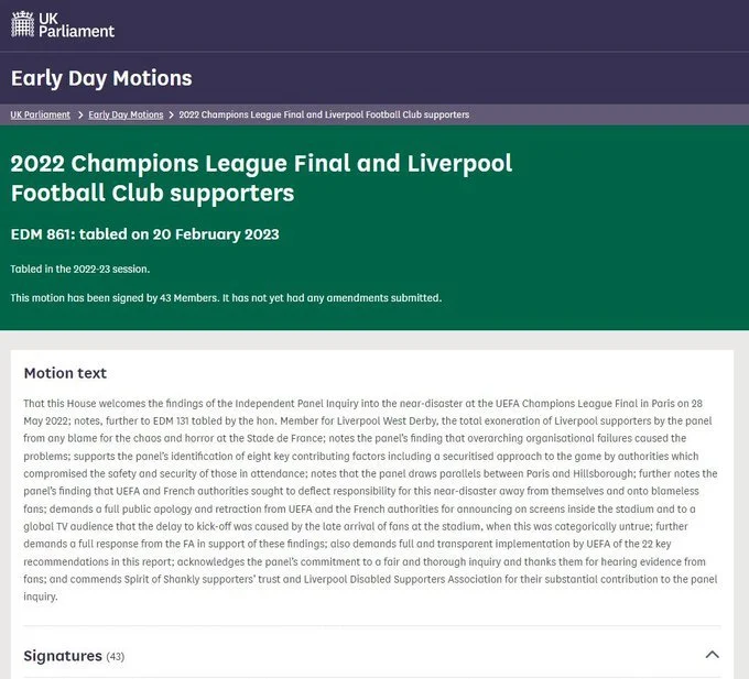 Motion to Parliament on the 2022 Champions League Final in Paris
