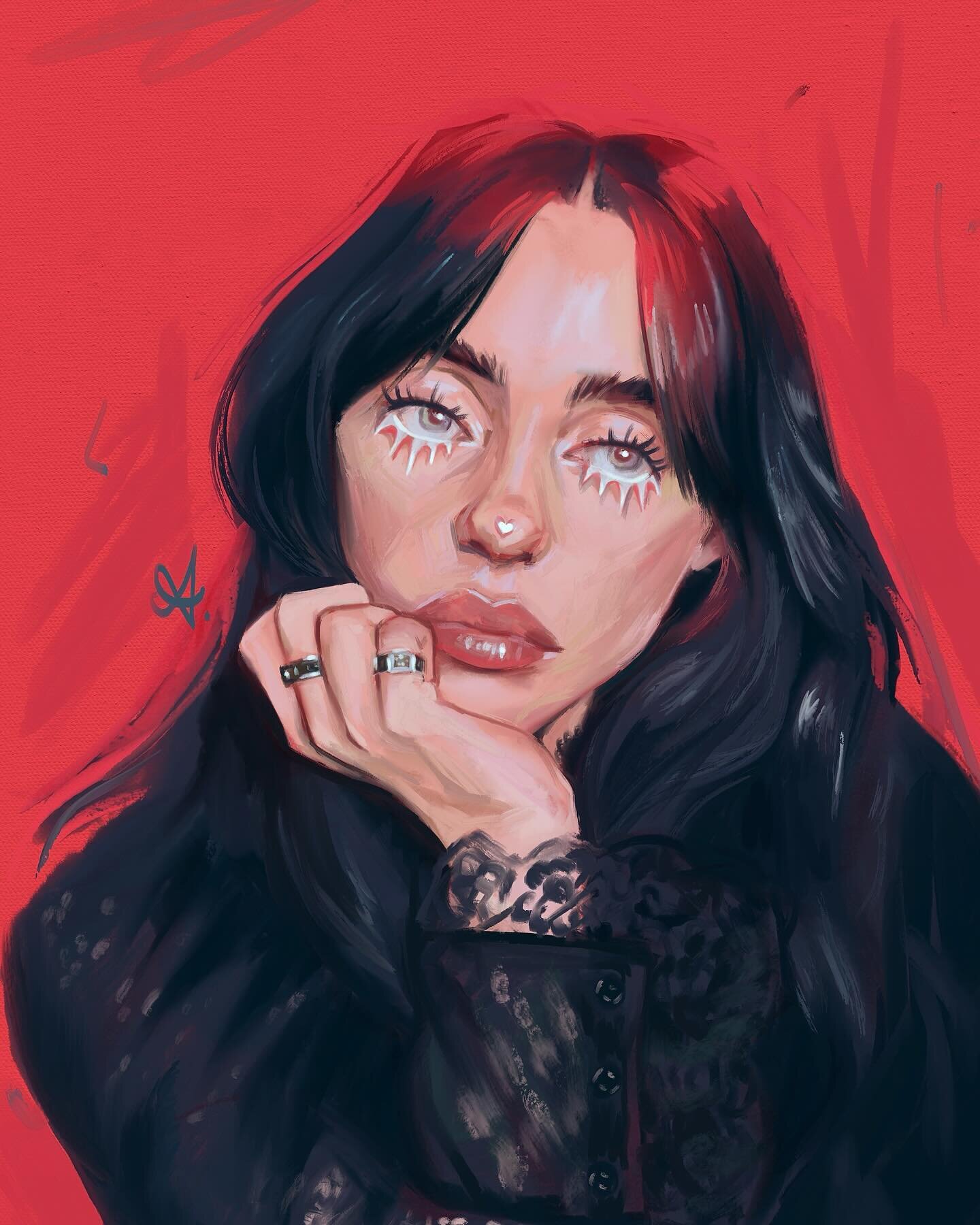 🥀 swipe for process, details and a peek at the ref
💌 saves shares comments and likes always appreciated! 

hopping on the #caricatureresolution2024 challenge a lil late! it went something like:

me: oo why is everyone drawing billie, did she do som