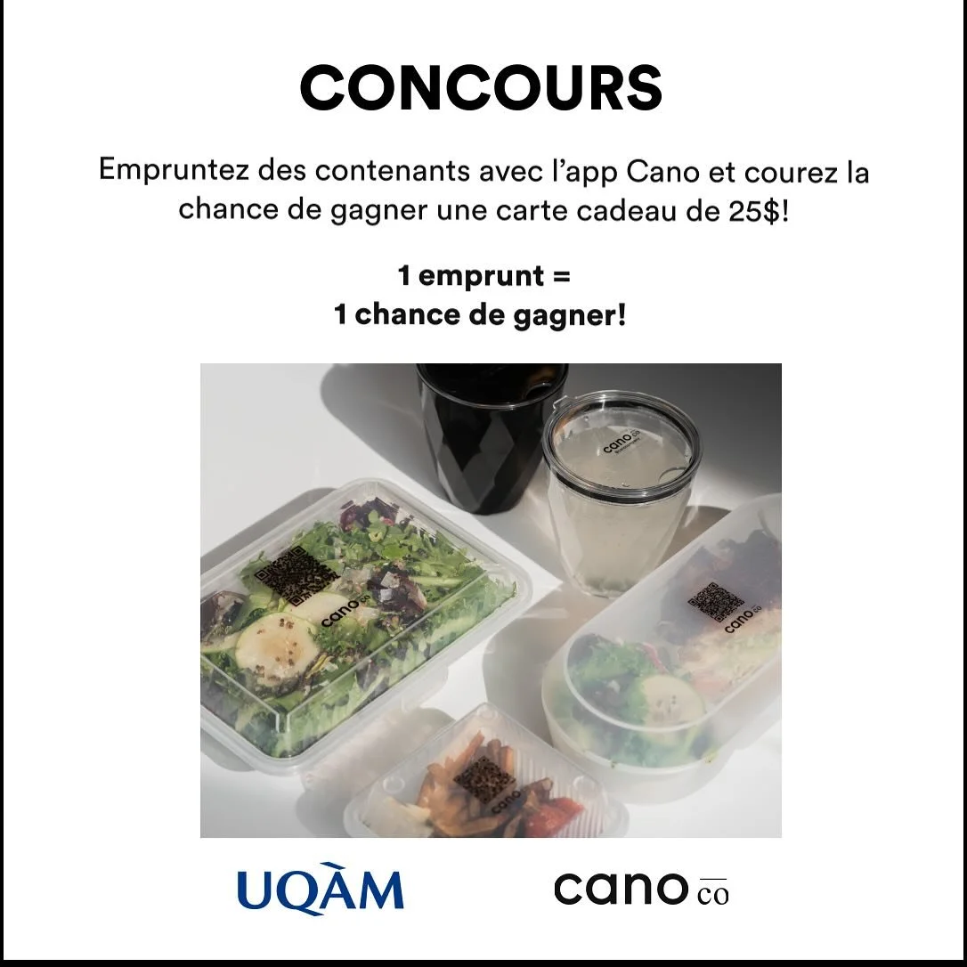 ⭐️CONCOURS CANO x UQAM ⭐️

Nous sommes tr&egrave;s heureux de lancer notre concours exclusif en partenariat avec UQAM!
🎁Tentez de remporter une carte-cadeau de 25$ !

Voici comment participer :
1. Utilisez un gobelet Cano sur le campus de l&rsquo;UQ