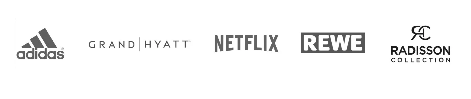 Logos: Adidas, Grand Hyatt, Netflix, REWE, Radisson Collection