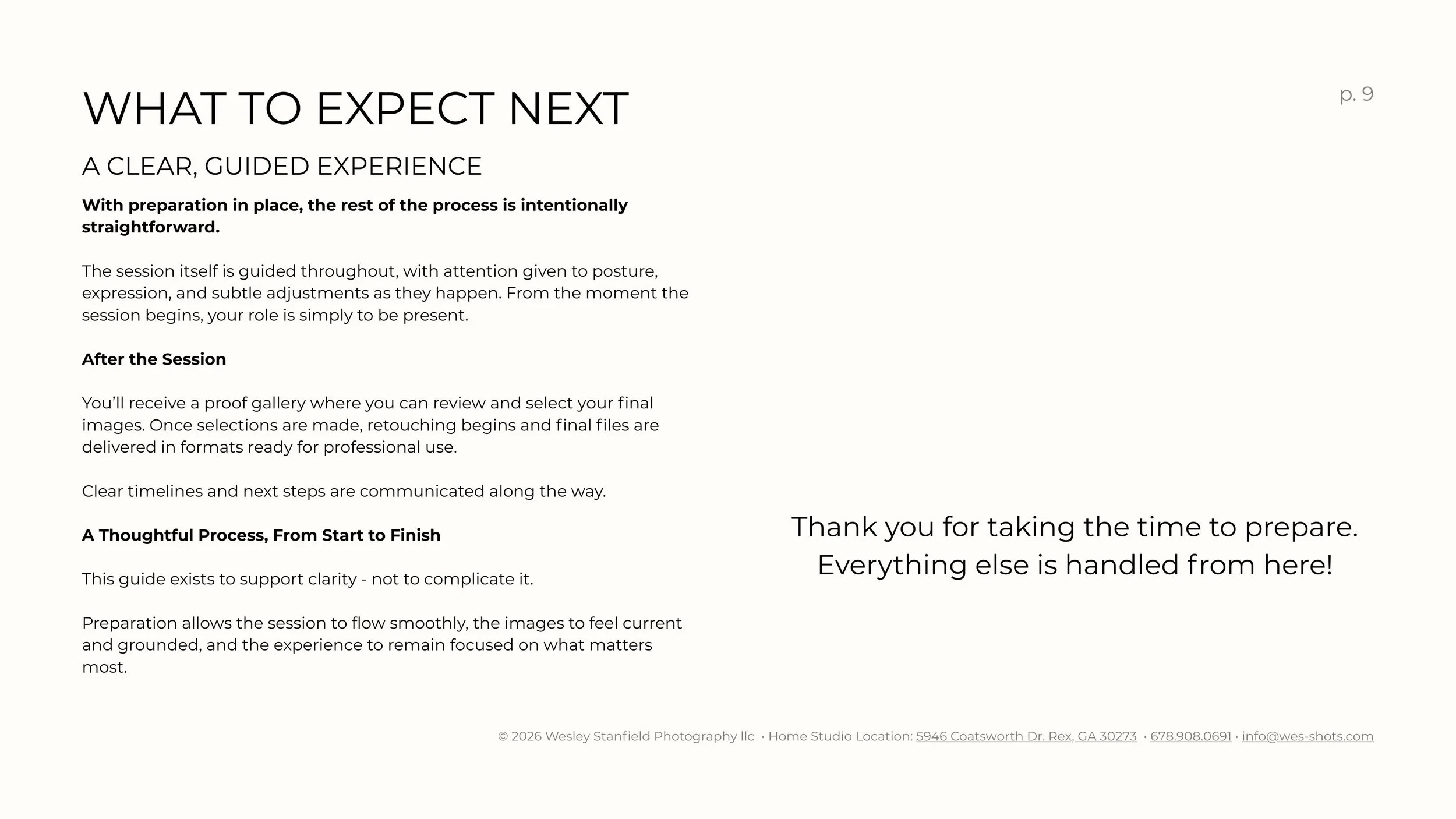 Page titled 'What to Expect Next' with instructions on a guided session, including post-session proof gallery, timelines, and process overview. Contains a thanks message on the right side, and contact information at the bottom.