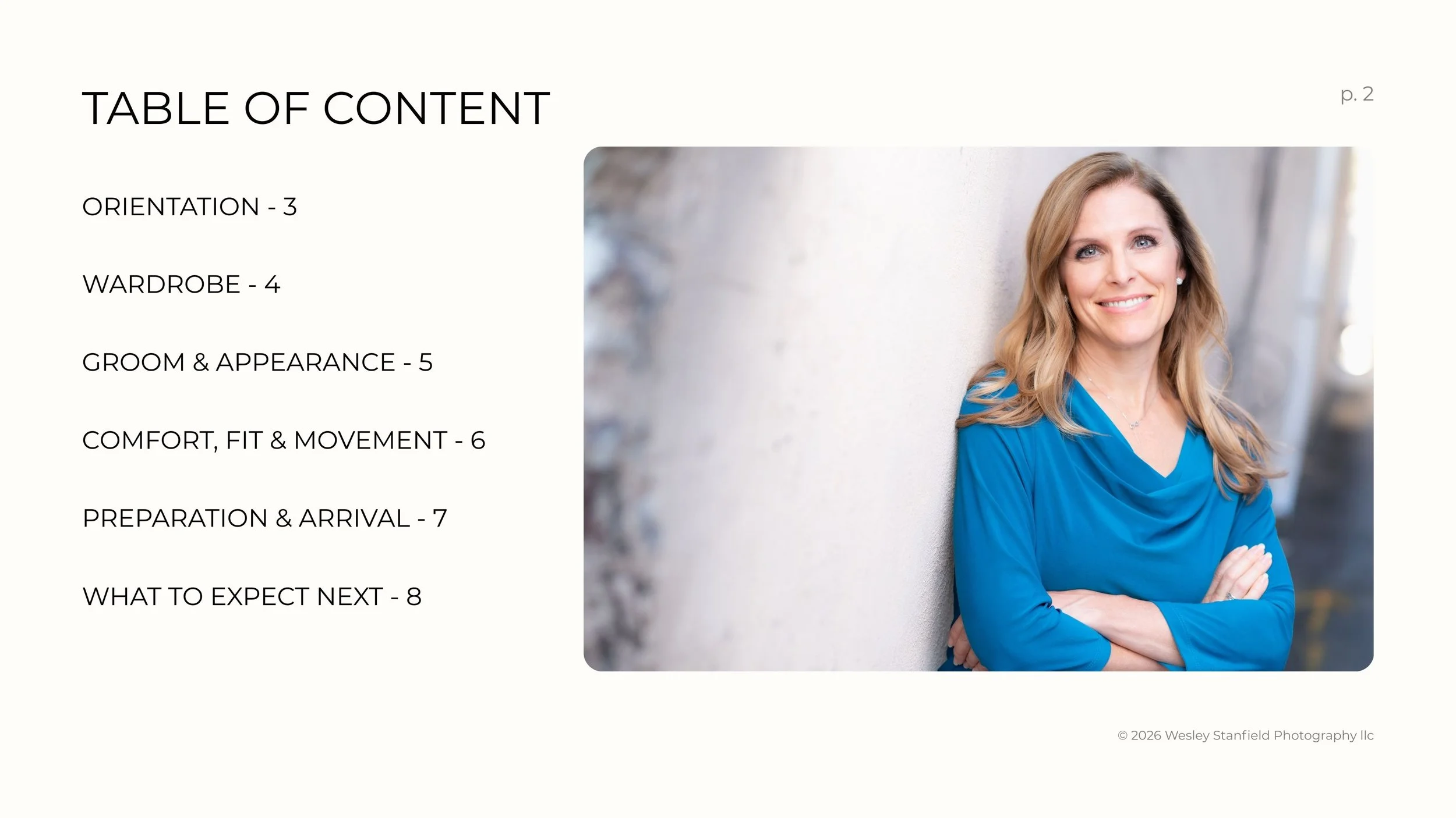 Table of contents page showing chapters and a woman with blonde hair in a blue top smiling and leaning against a wall.