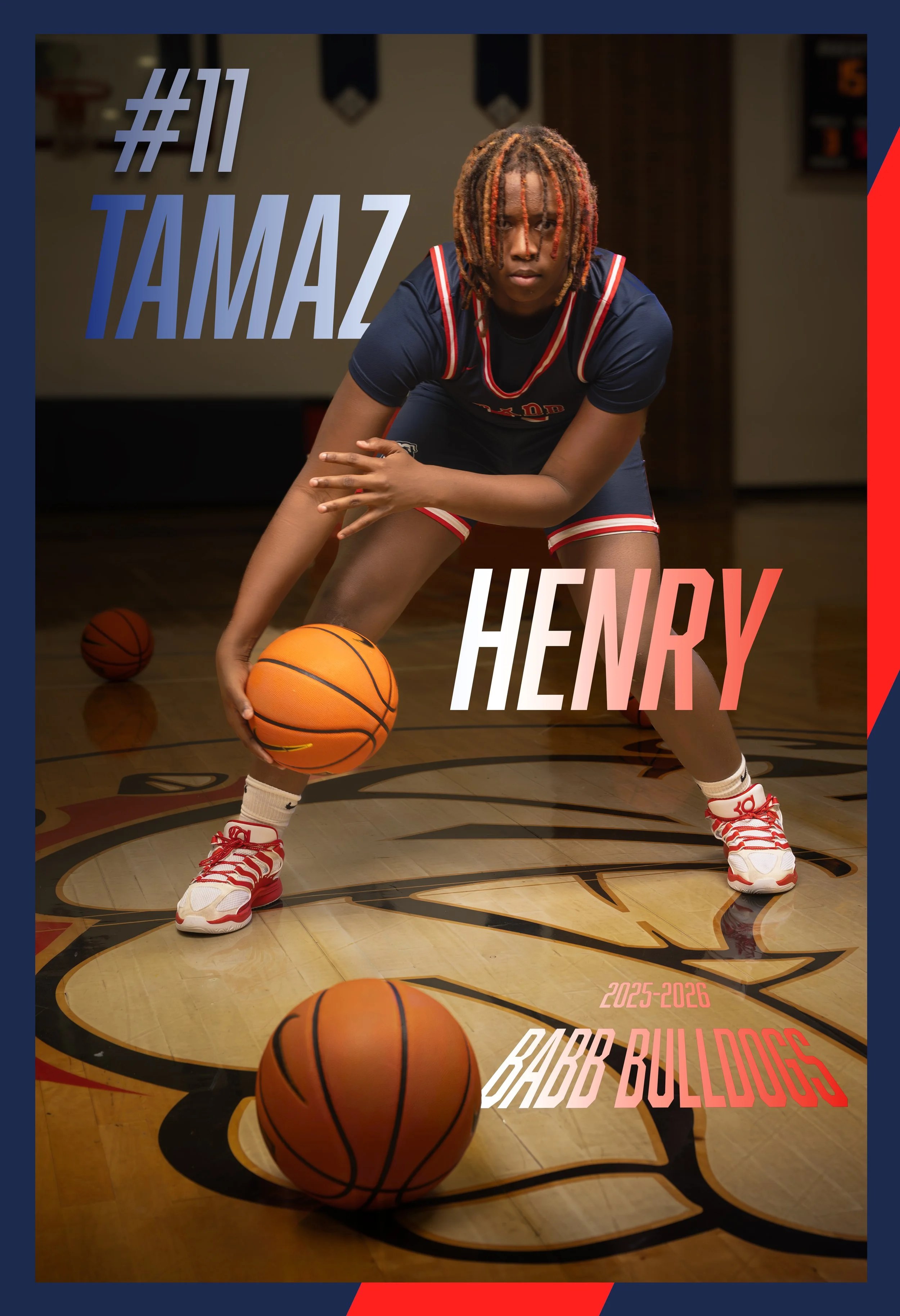 A young basketball player in a blue uniform with red and white accents is dribbling a basketball on a court. There are two additional basketballs on the floor, and text overlays include '#11 TAMAZ,' 'HENRY,' '2025-2026,' and 'BABB BULLDOGS.' The back