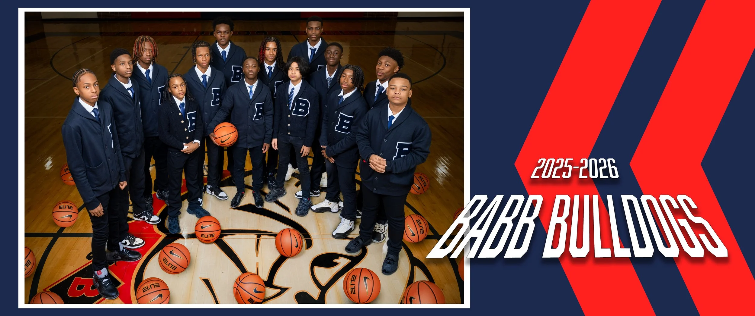 A group of young basketball players in navy blue jackets and ties, standing in a gymnasium on a basketball court, with several basketballs on the floor around them. The right side of the image features a graphic design with red and navy blue stripes, the text "2025-2026 RABB BULLDOGS" in white and red. The team appears to be posing for a team photo.
