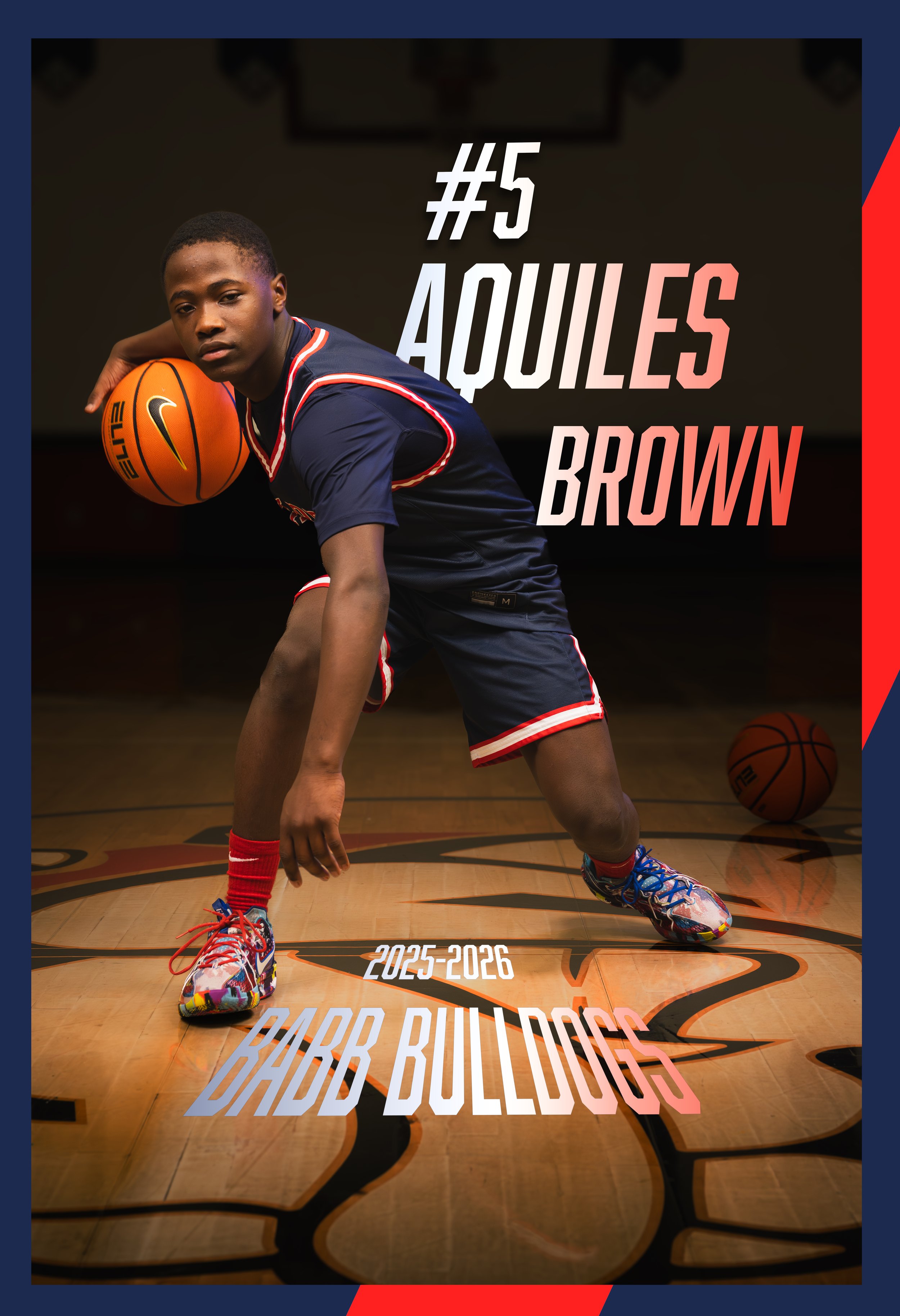 A young basketball player poses on a basketball court holding a basketball, wearing a navy blue uniform with red and white accents, and colorful sneakers. Overlaid text includes '#5 Aquiles Brown,' '2025-2026,' and 'BABBB Bulldogs.'