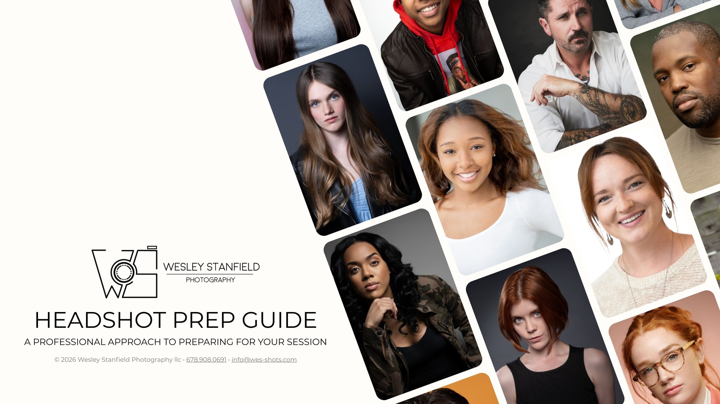 Cover page of the Headshot Prep Guide by Wesley Stanfield Photography, featuring a collage of diverse portrait photographs of women and men in various poses and expressions.