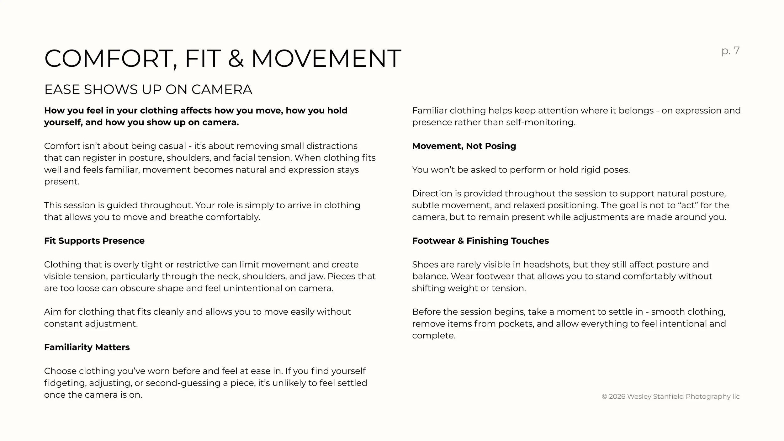 Page titled 'Comfort, Fit & Movement' from a photography guide. Contains text on clothing and movement, with headings for 'Ease Shows Up on Camera', 'Fit Supports Presence', 'Familiarity Matters', 'Movement, Not Posing', and 'Footwear & Finishing Tou