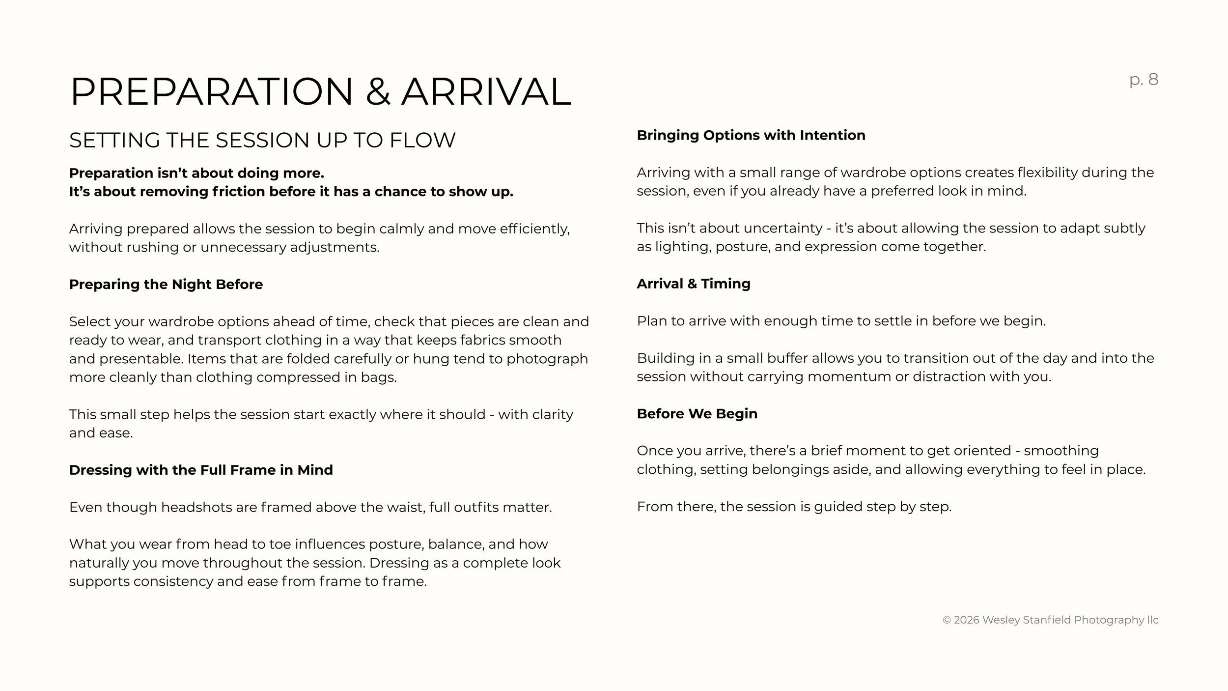 Page from a guide or manual titled 'Preparation & Arrival' with sections on setting up a session, wardrobe options, preparation the night before, dressing, arrival options, and tips for arriving on time, including tips for wardrobe and mental prepara