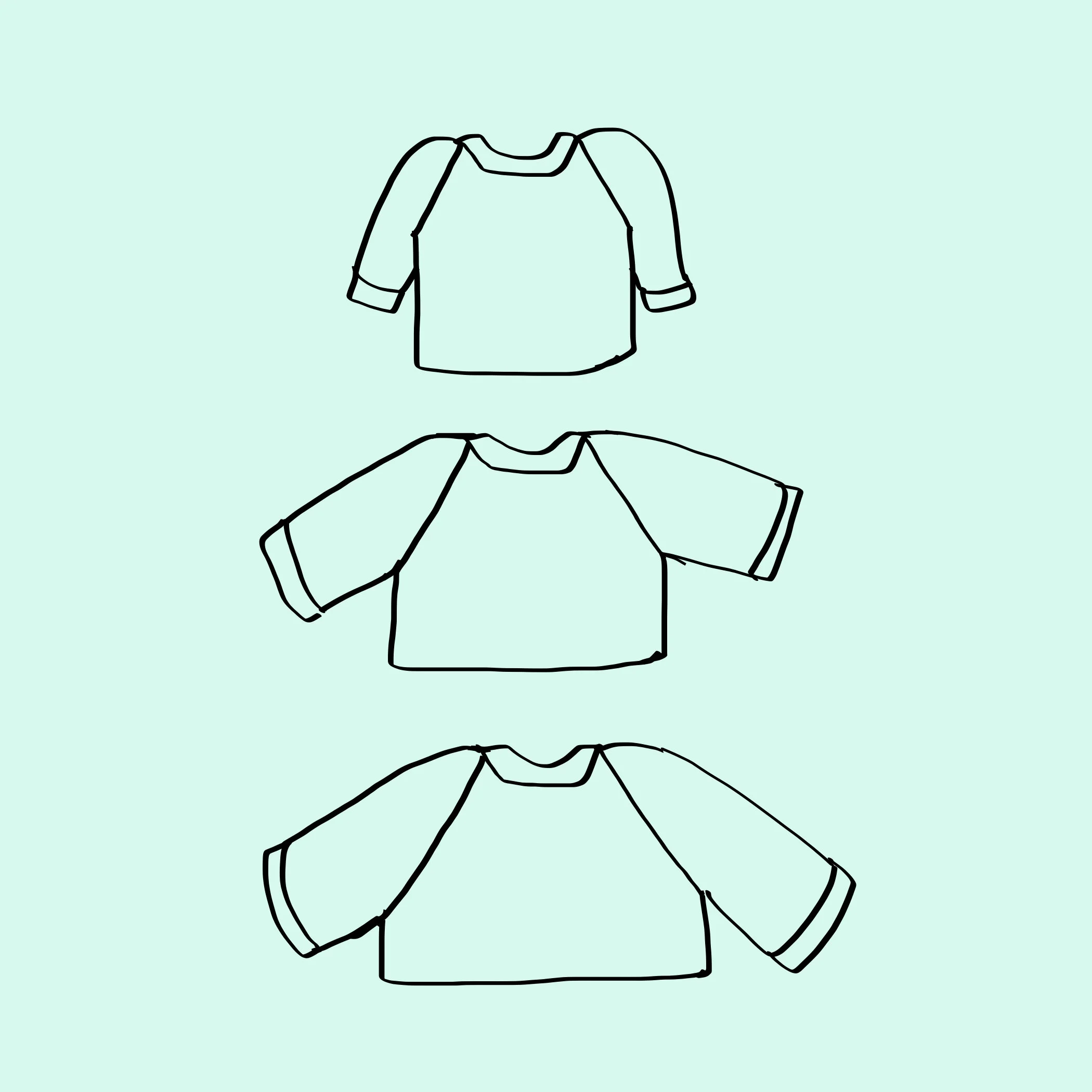 Increasing the front, back, and sleeves of a raglan at a constant rate of two stitches at each seam on every right-side row means that the larger the sweater, the deeper the armholes and the greater the sleeve circumference.