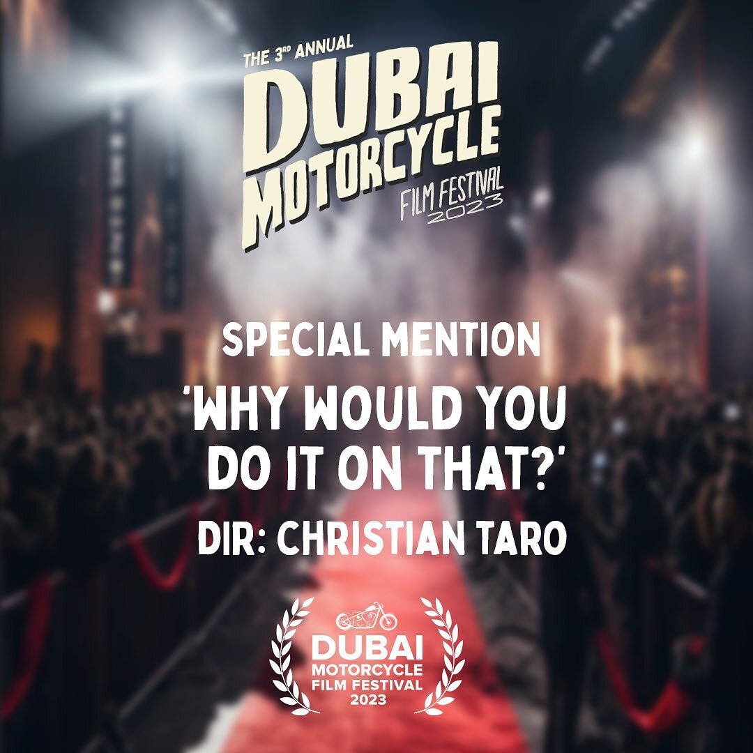 A DMFF 2023 Special Mention for &lsquo;Why Would You Do It On That?&rsquo; directed by Christian Taro. 👏🏼👏🏼

Huge thanks to all the film makers who entered DMFF 2023. 🎬🤙🏼

#motorcycle #filmfestival #awards #redcarpet #filmpremiere #producer #b