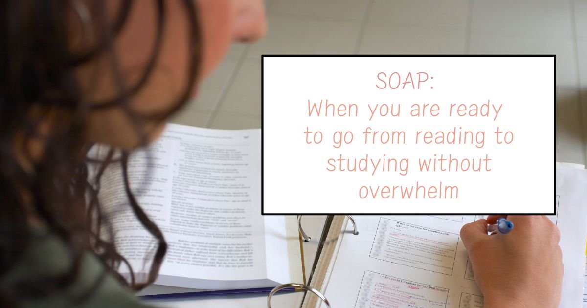 lady sitting at a desk with a binder notebook and Bible open making notes