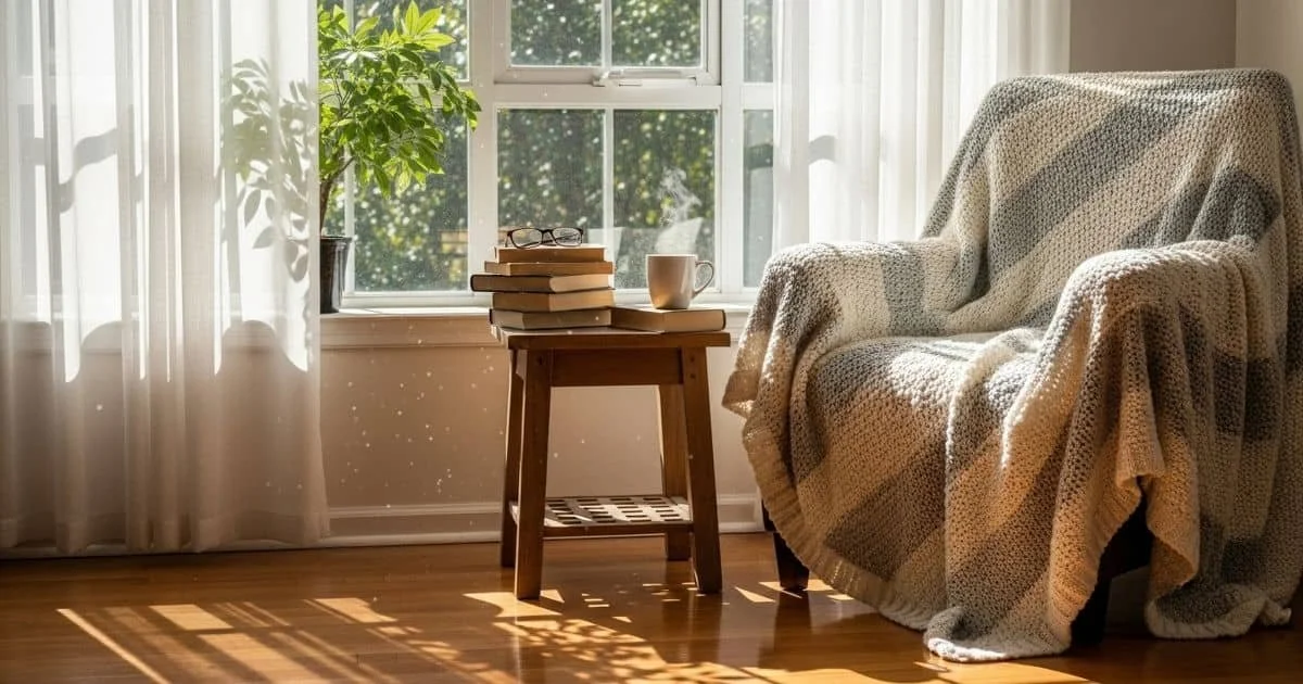 cozy blanket and chair in front of a sunny window with plants and a table of Bible study tools nearby