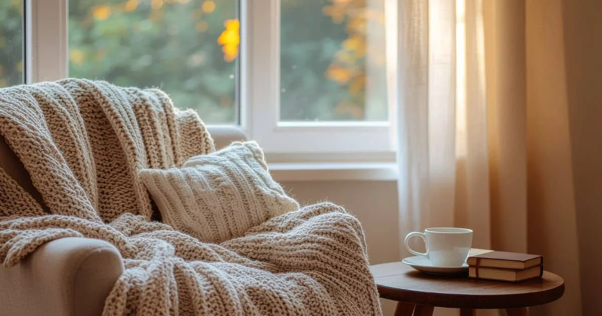 cozy blanket and chair, coffee cup and a couple of Bibles in front of a window