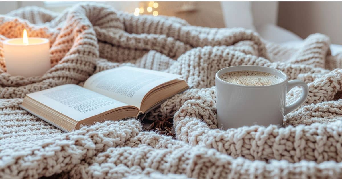 cozy blanket with coffee cup, Bible and candle sitting on top