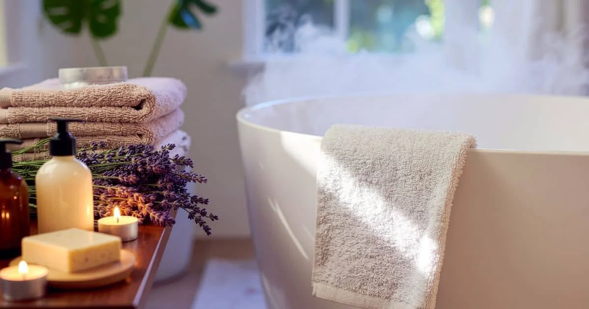 bath area set for selfcare with fluffy towels, candles, and scented lotions