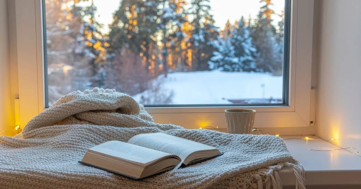 cozy blanket, Bible, coffee cup sitting in a bay window