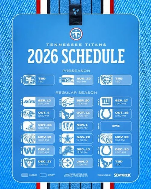🏈 Football season is almost back in Tennessee.

The 2026 Titans schedule is here, which means weekends are about to be filled with tailgates, touchdowns, and cheering on the hometown team!

Who are you most excited to watch this season? ⬇️