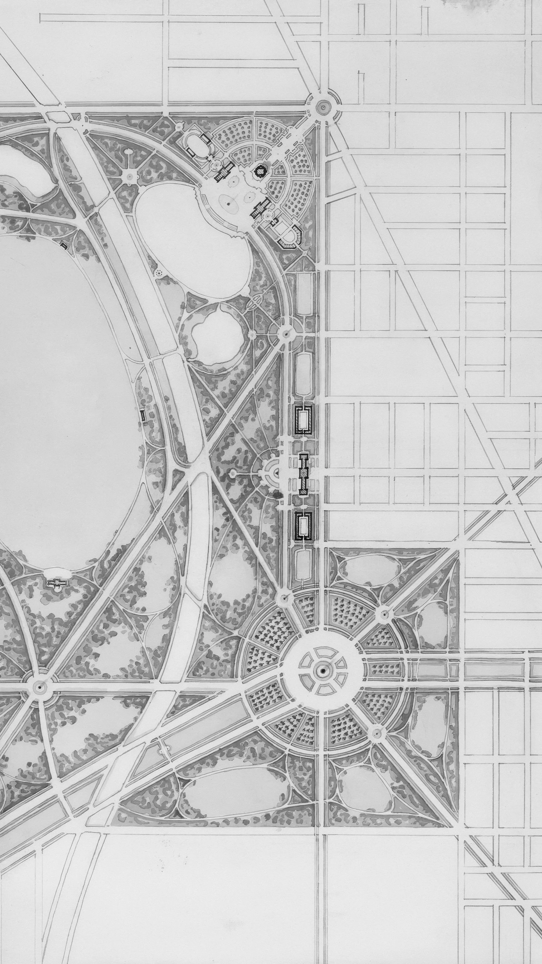 Vintage architectural drawing of a formal garden layout, representing ecological landscape planning and design.