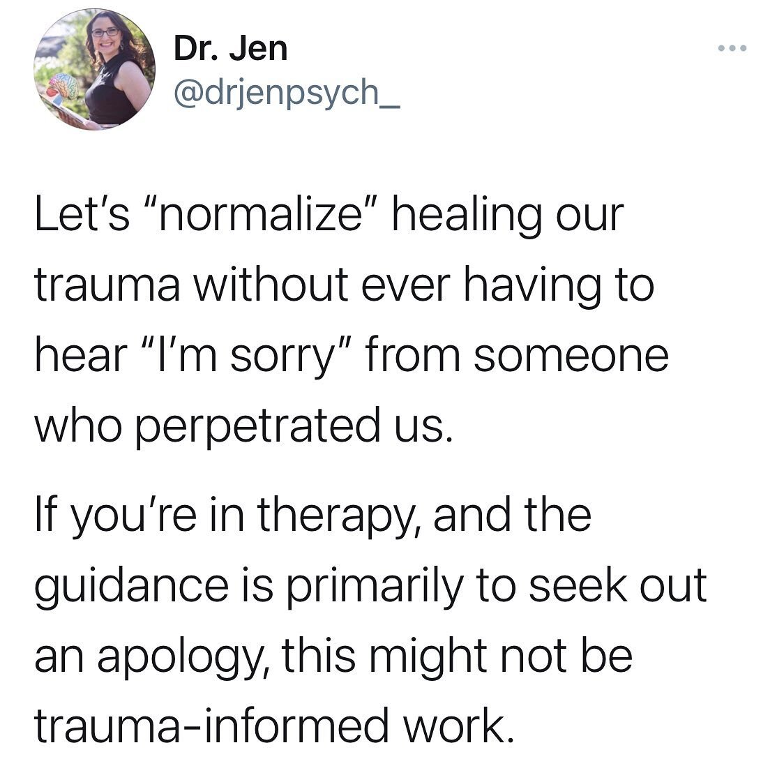 Follow @drjenpsych_ for more 𝘽𝙧𝙖𝙄𝙣𝙨𝙥𝙞𝙧𝙚𝙙 posts 💕🧠⁣

Sometimes the healing IS in the setting of strict boundaries. While an apology might feel good, we can&rsquo;t romanticize needing one in order to heal. It&rsquo;s just not true. 

Many