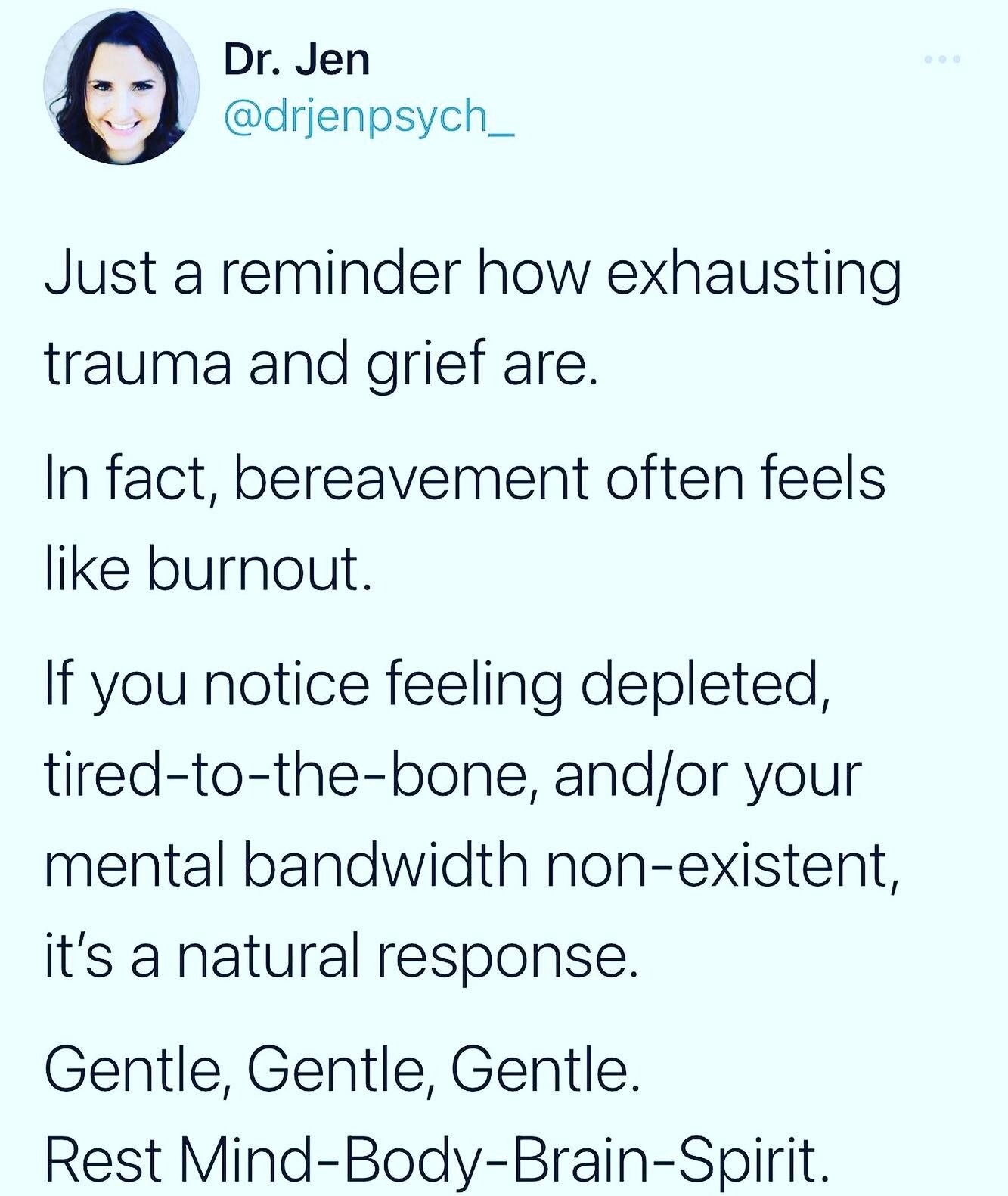 Follow @drjenpsych_ for more 𝘽𝙧𝙖𝙄𝙣𝙨𝙥𝙞𝙧𝙚𝙙 posts 💕🧠.

Just a reminder that trauma and grief can show you very physically, in aches and pains, digestive issues, lower immunity, and FATIGUE. 

Actually, there&rsquo;s even research that berea