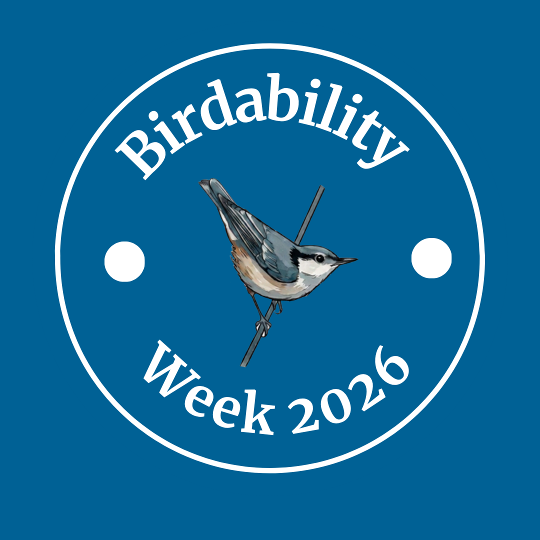 Birdability Week 2026 logo with those words in a circle around a watercolor-style illustration of a White-breasted Nuthatch