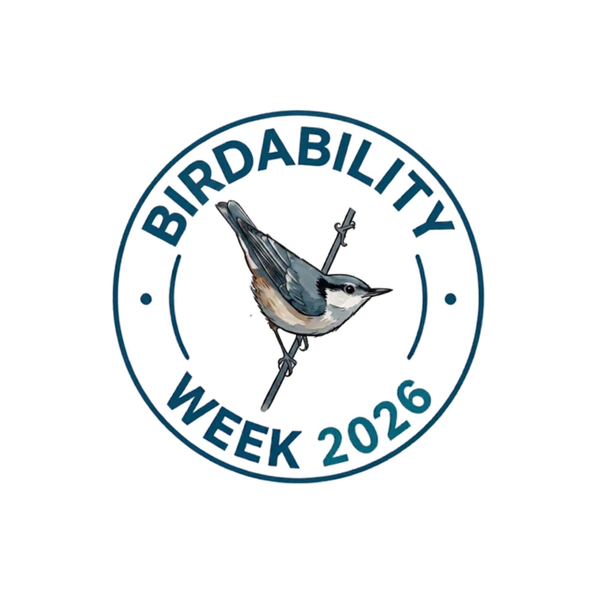 A stylized WBNU drawing by Saffron Goetschius in the center of text that says Birdability Week 2026