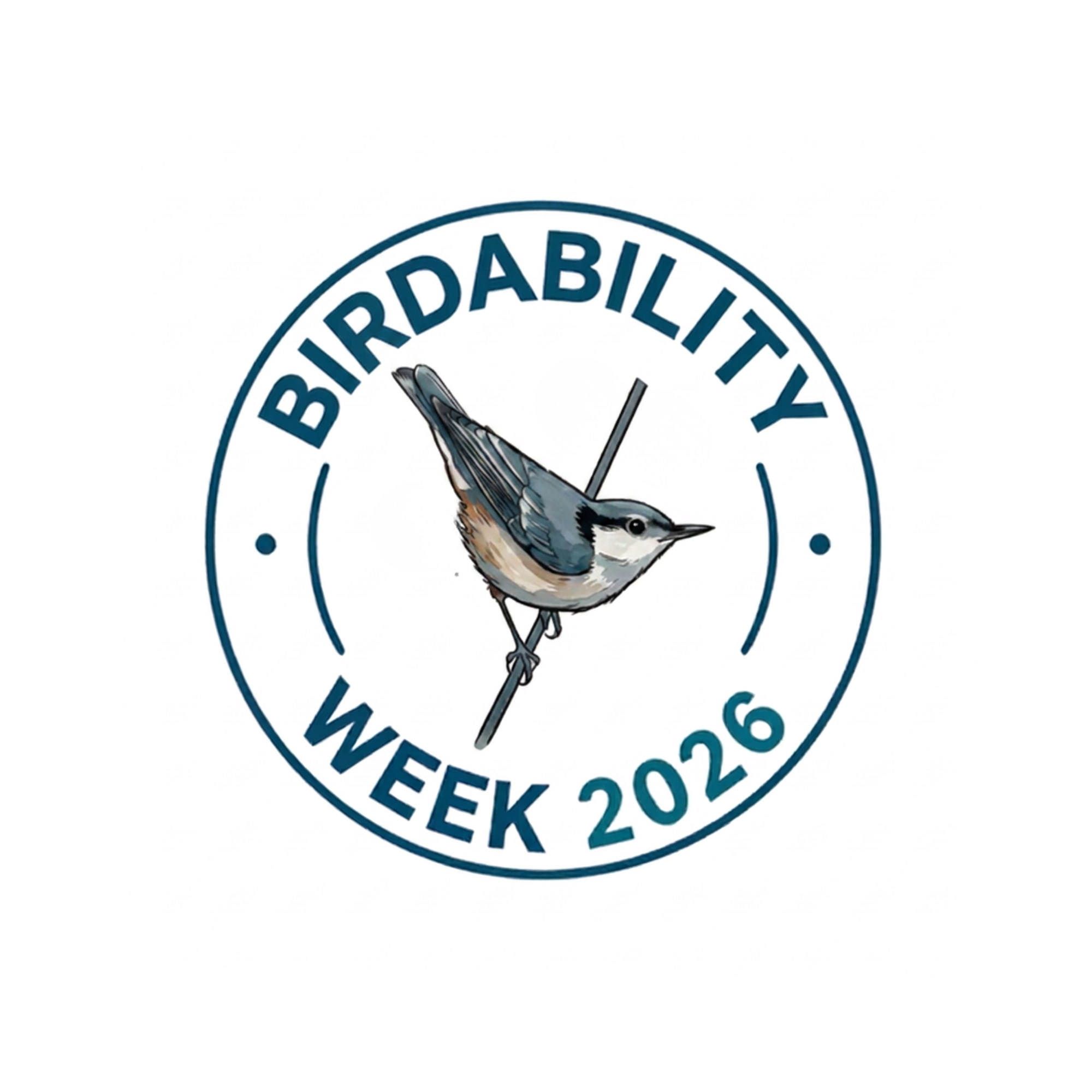 A circular Birdability Week 2026 logo with a WBNU in the middle on a twig and the words Birdability Week 2026 around it.