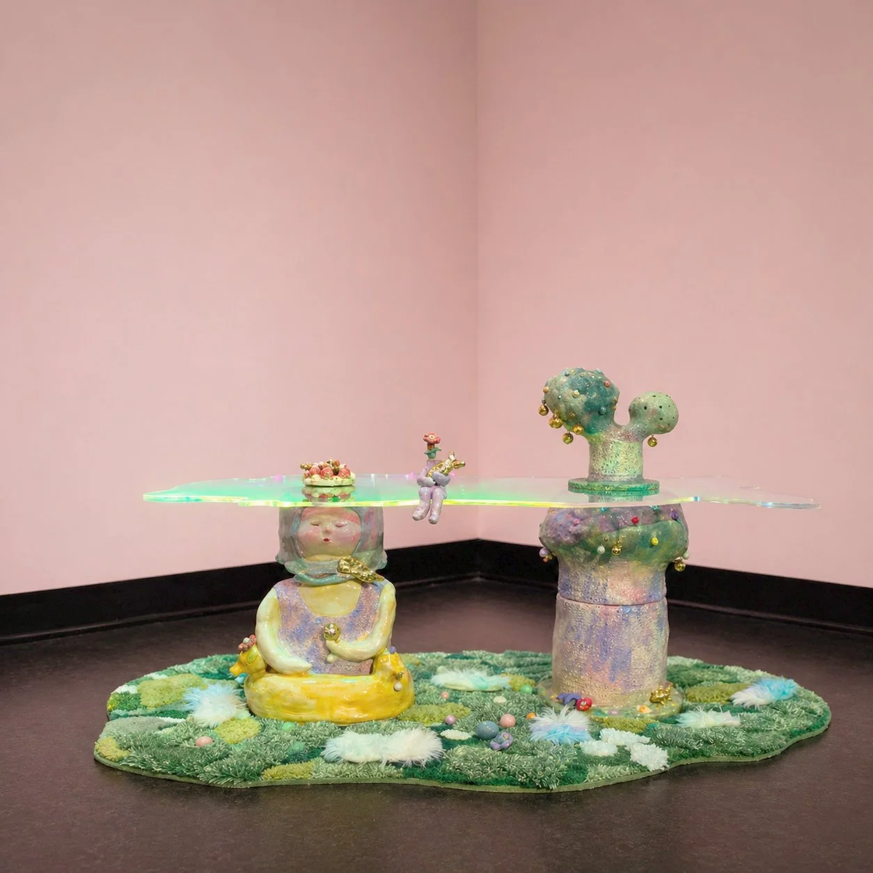 Island Girl Who Still Can’t Swim, 2026, Installation, glazed ceramics, gold lustre, gold leaf, plexiglass, textile, mixed media, 70x130x70cm