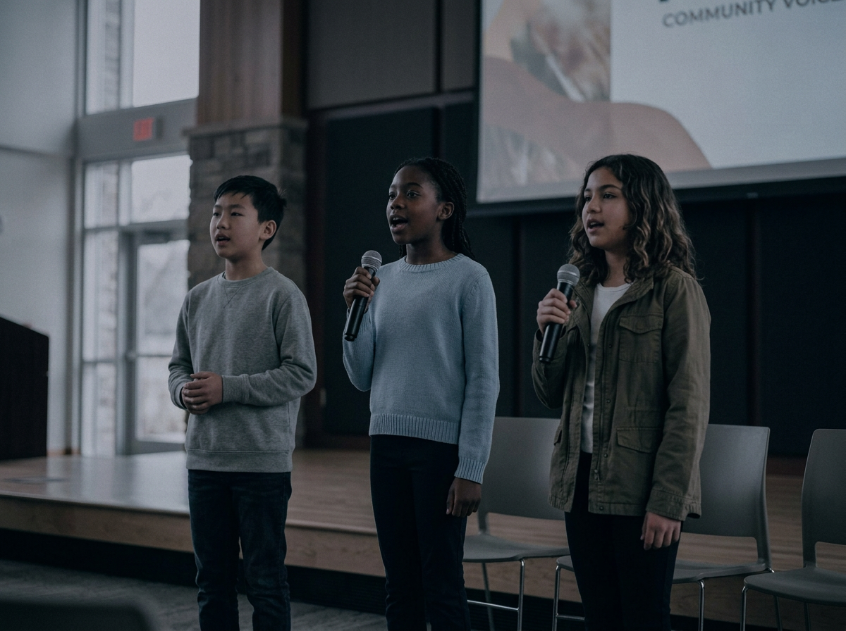 three kids singing in a presentation