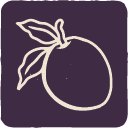 Line drawing of an orange with a leaf at the top on a purple background.