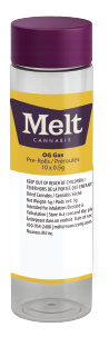 Container labeled 'Melt' cannabis product, 0.6 grams, pre-rolled, 10x0.5g, with purple cap.