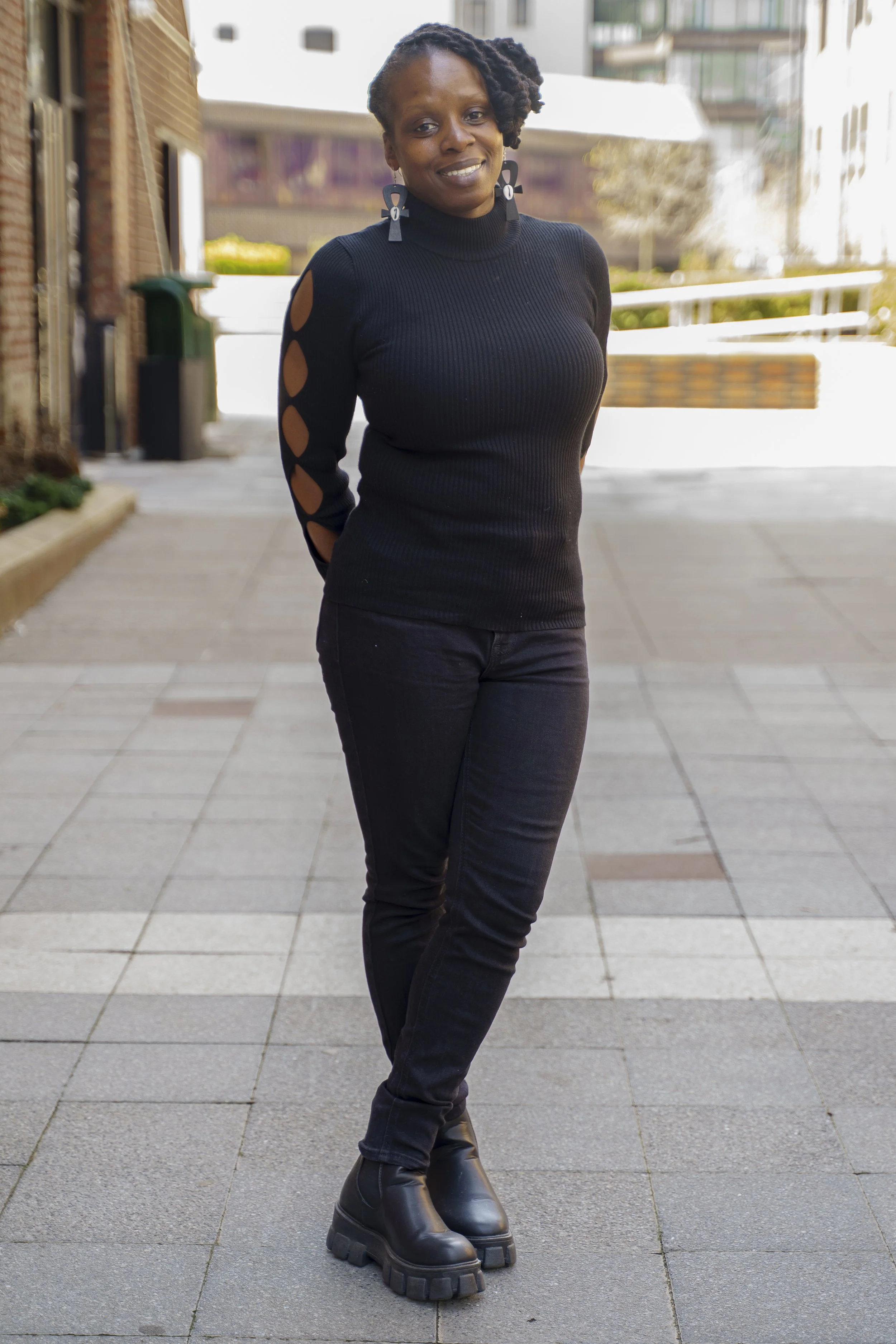  Little Sun People teacher Ayoka Wise at Restoration Plaza on April 14, 2022. Wise, who has taught at the school since 1996, is the lead teacher for the Ife Threes class and the niece of the school’s founder Fela Barclift. Wise was also one of LSP’s 