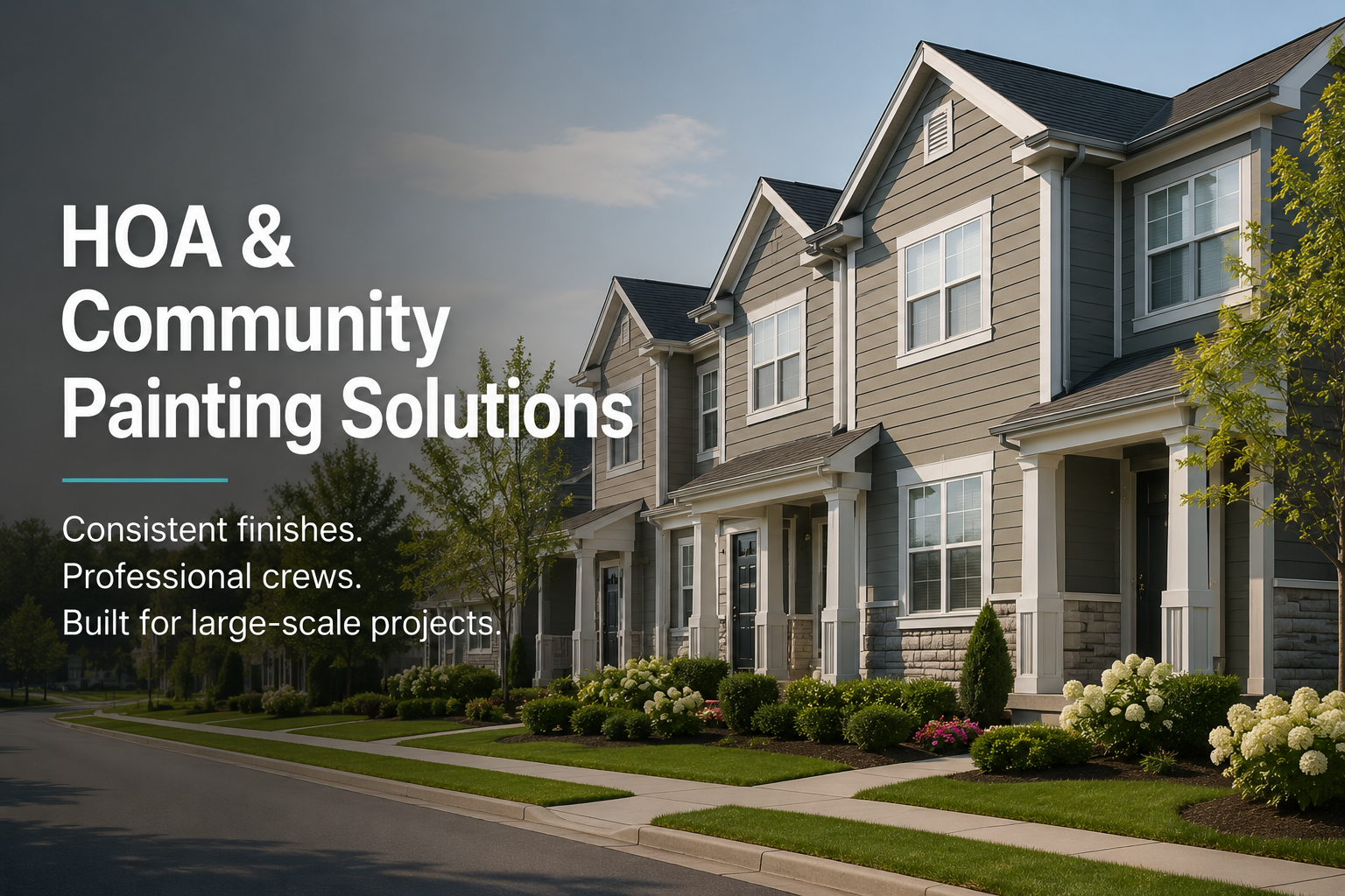 A row of modern suburban houses with manicured lawns and bushes, under a partly cloudy sky. Overlaid text reads 'HOA & Community Painting Solutions' with additional points about finishes, professional crews, and large-scale projects.