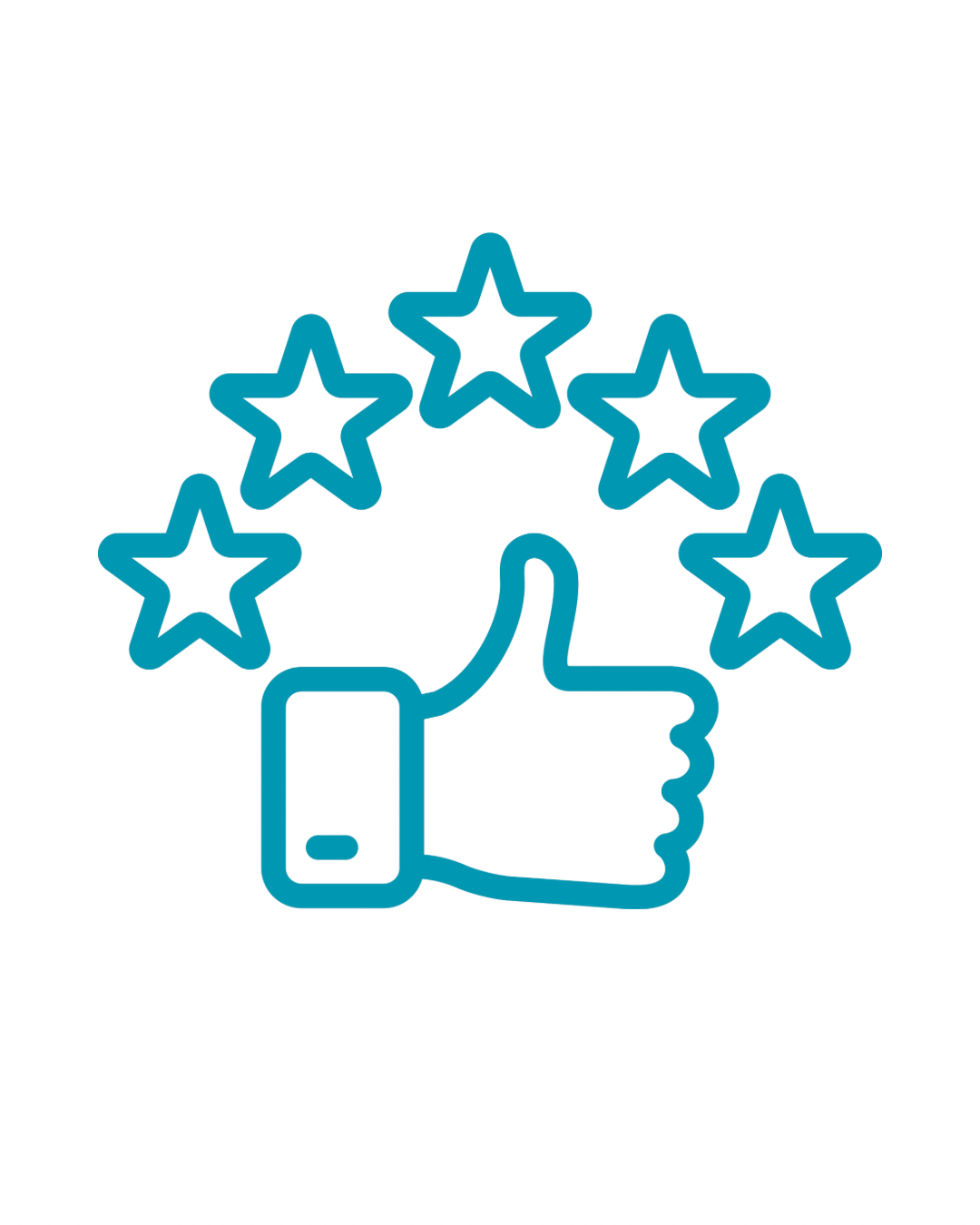 Icon of a thumbs-up hand surrounded by six stars, indicating quality or approval.