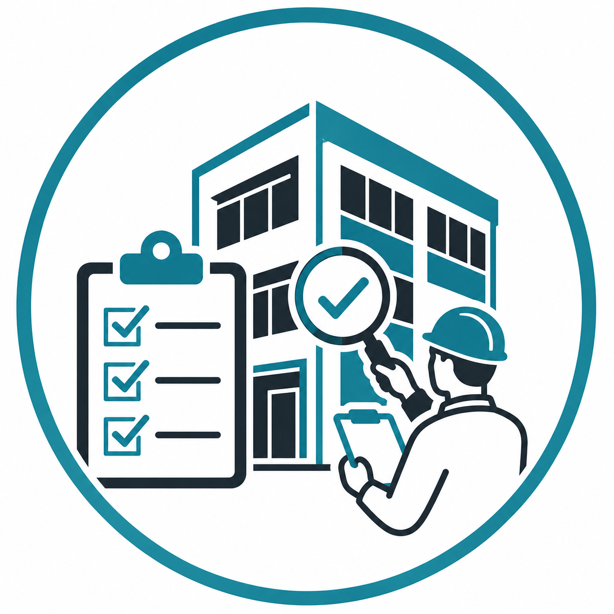 Illustration of a construction worker inspecting a building with a magnifying glass, holding a clipboard with checkmarks, and a checklist, symbolizing building inspection and approval.