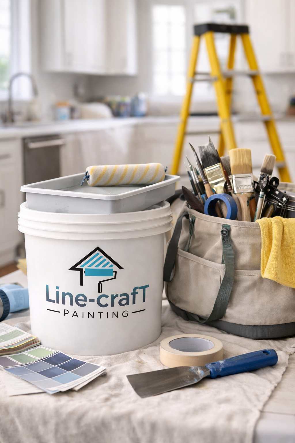 Painting supplies including a paint roller, brushes, painter's tape, a putty knife, color swatches, and a bucket with the Label 'Line-craft Painting' are arranged on a work surface. In the background, there's a step ladder and a kitchen area.