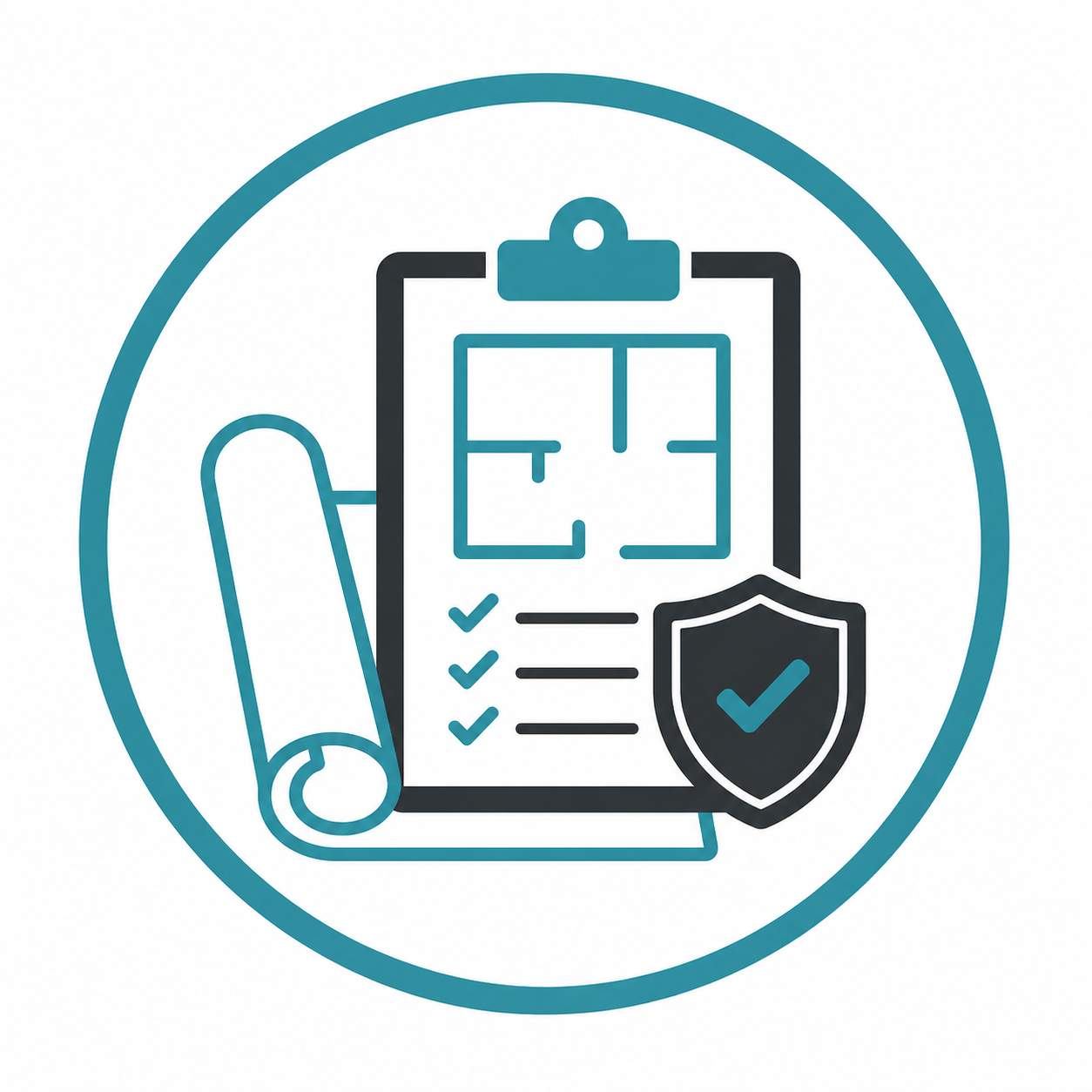 Illustration of a clipboard with a floor plan, a rolled-up blueprint, checkmarks, and a shield with a checkmark inside, all inside a circular border.